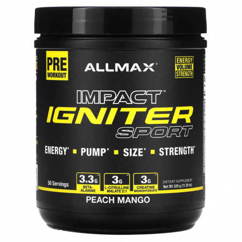 ALLMAX, IMPACT Igniter Sport, перед тренировкой, персик и манго, 320 г (11,29 унции)