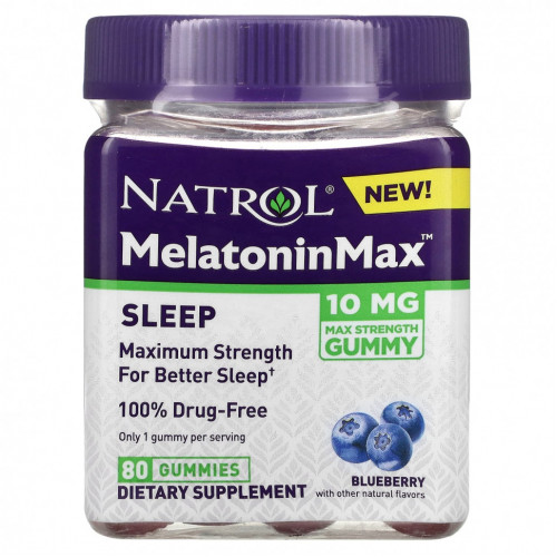 Natrol, Melatonin Max, для сна, голубика, 10 мг, 80 жевательных таблеток