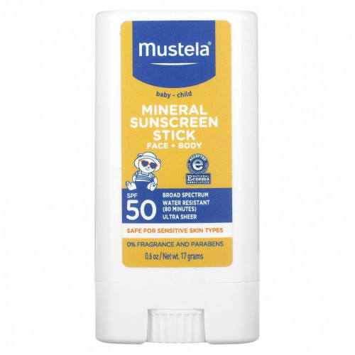 Mustela, Минеральное солнцезащитное средство-стик для детей, SPF 50, 17 г (0,6 унции)