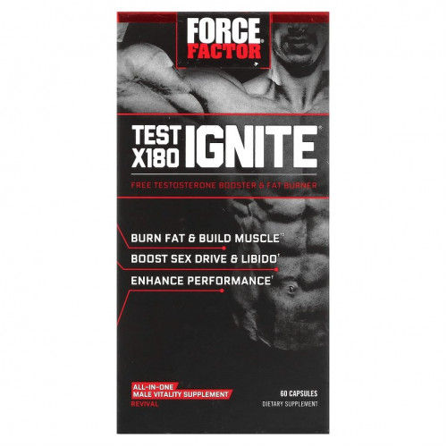 Force Factor, Test X180 Ignite, средство для повышения уровня свободного тестостерона и сжигания жира, 60 капсул