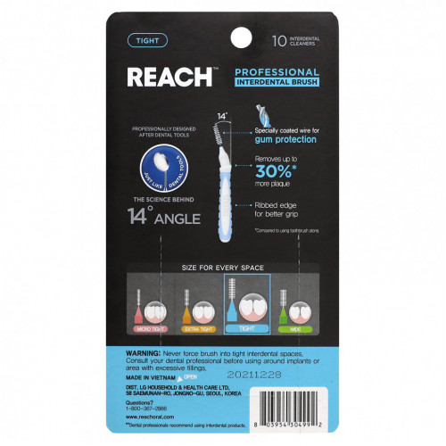 Reach, Professional Interdental Brush, Tight, 10 Interdental Cleaners