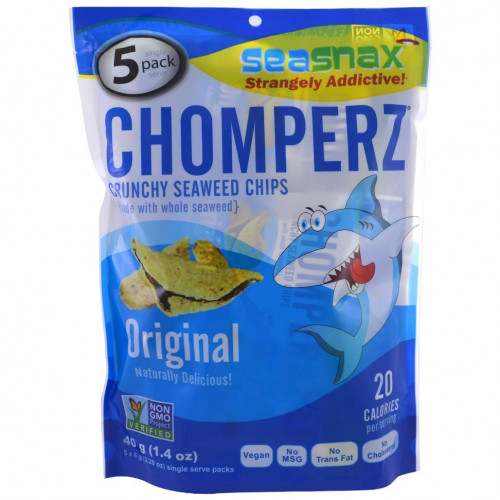 SeaSnax, Chomperz, хрустящие чипсы из водорослей, оригинальные, 5 порций в индивидуальной упаковке, 0.28 унций (8 г) каждая