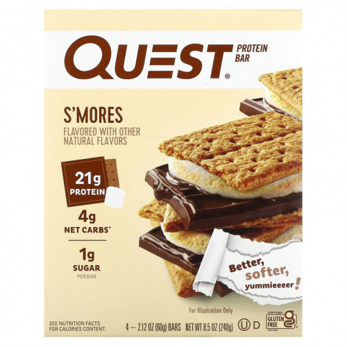 Quest Nutrition, Протеиновый батончик, S'Mores, 4 батончика, 60 г (2,12 унции) каждый