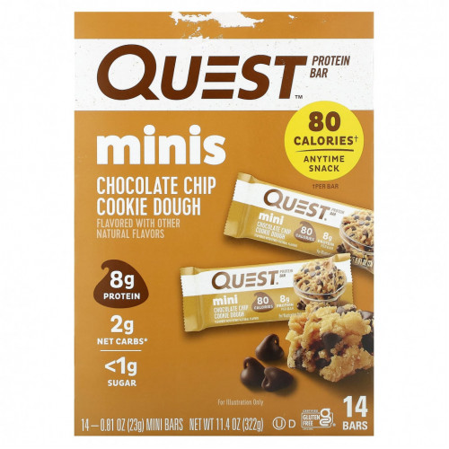 Quest Nutrition, Protein Bar, Minis, тесто с шоколадной крошкой для печенья, 14 батончиков, 23 г (0,81 унции)