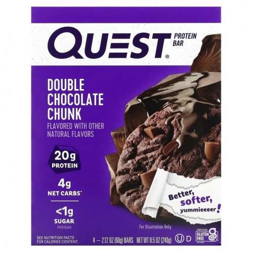 Quest Nutrition, Протеиновый батончик, двойные кусочки шоколада, 4 батончика, 60 г (2,12 унции)