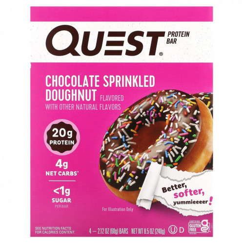 Quest Nutrition, Протеиновый батончик, пончик в шоколаде, 4 батончика по 60 г (2,12 унции)