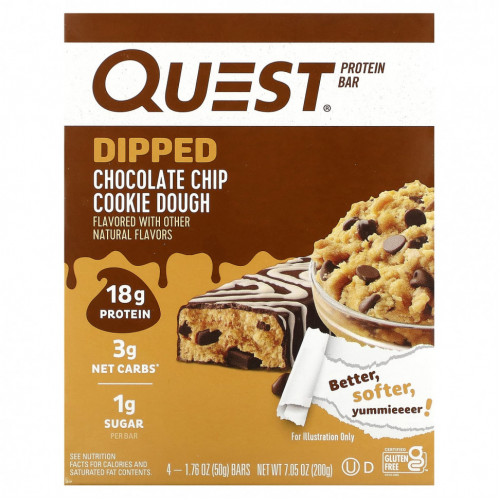 Quest Nutrition, Протеиновый батончик, тесто с шоколадной крошкой, 4 батончика, 50 г (1,76 унции)