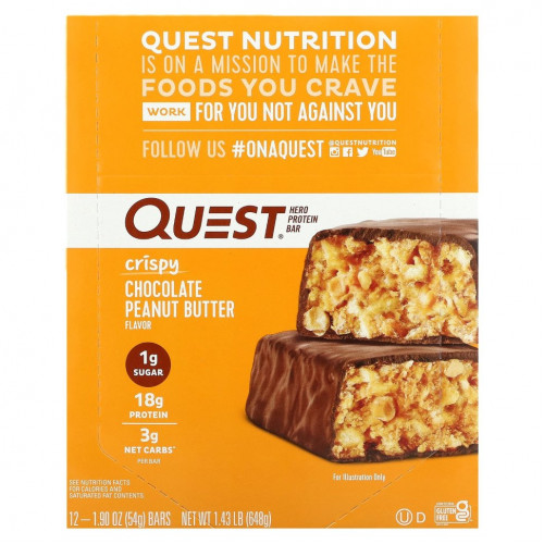 Quest Nutrition, Hero Protein Bar, хрустящий шоколад с арахисовой пастой, 12 батончиков по 54 г (1,9 унции)