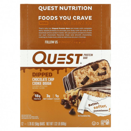 Quest Nutrition, Протеиновый батончик, тесто с шоколадной крошкой, 12 батончиков, 50 г (1,76 унции)