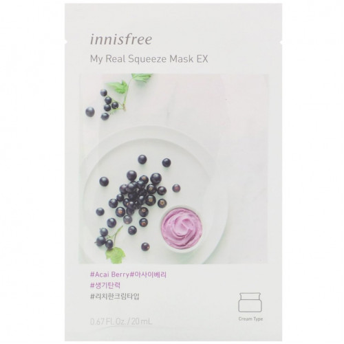 Innisfree, My Real Squeeze Beauty Mask EX, тканевая маска с ягодами асаи, 1 шт., 20 мл (0,67 жидк. унции)