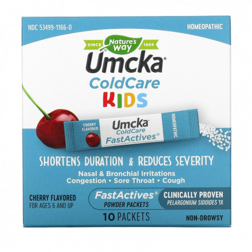 Nature's Way, Umcka, ColdCare Kids, FastActives, для детей от 6 лет, с вишневым вкусом, 10 пакетиков с порошком