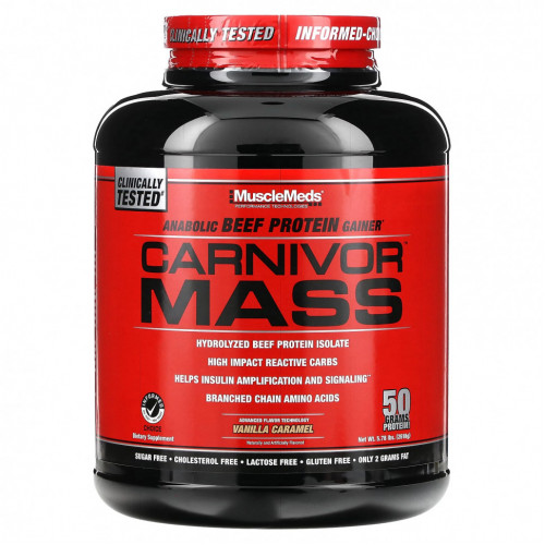 MuscleMeds, Carnivor Mass, ускоряющее обменные процессы говяжье белковое средство для набора массы, ваниль и карамель, 5,93 фунтов (2688 г)