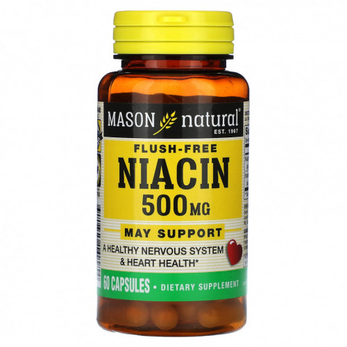 Mason Natural, Ниацин, без смыва, 500 мг, 60 капсул