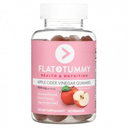 Flat Tummy, Жевательные мармеладки из яблочного уксуса, натуральное яблоко, 1000 мг, 60 жевательных таблеток