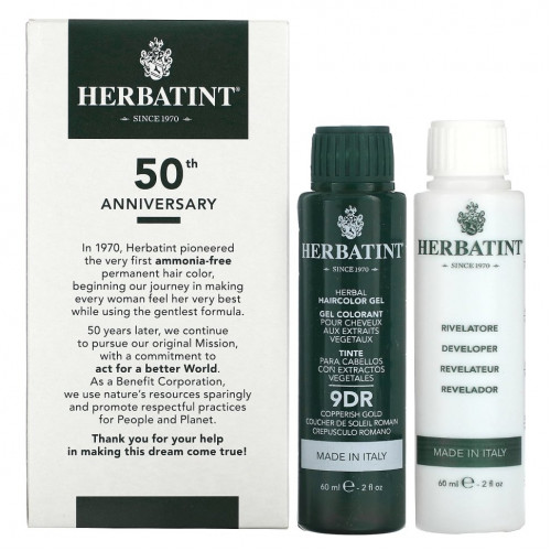 Herbatint (Antica Herbavita), Стойкая гель-краска для волос, медно-золотистый 9DR, 135 мл (4,56 жидк. Унции)