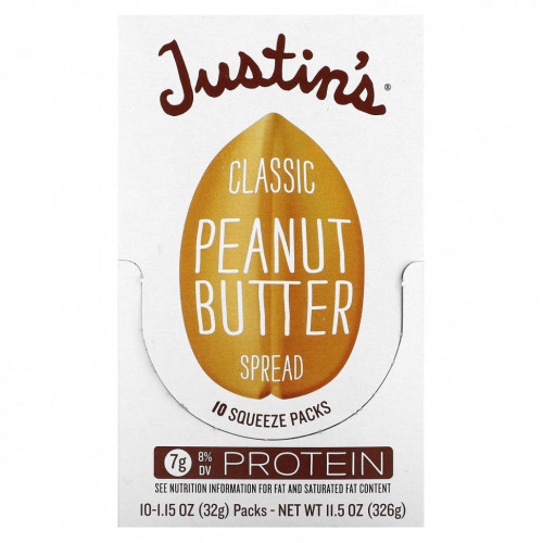 Justin's Nut Butter, Классическое арахисовое масло, 10 пакетиков, 1,15 унций (32 г) в упаковке