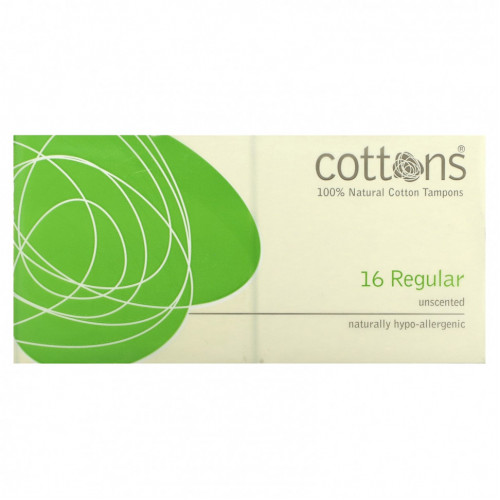 Cottons, Тампоны из 100% натурального хлопка, обычные, без запаха, 16 тампонов