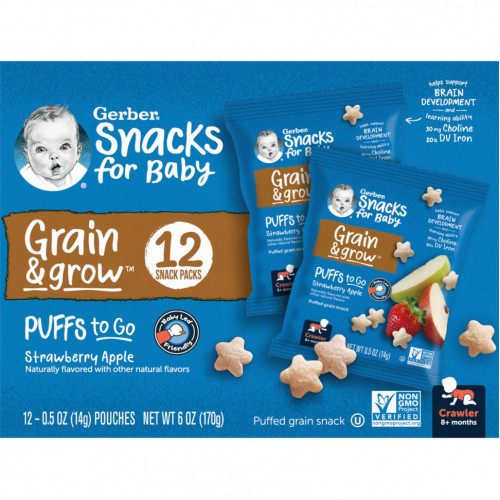 Gerber, Snacks for Baby, Grain & Grow, Puffs to Go, для детей от 8 месяцев, со вкусом клубники и яблока, 12 пакетиков снеков по 14 г (0,5 унции)