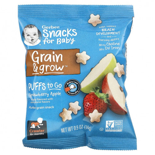 Gerber, Snacks for Baby, Grain & Grow, Puffs to Go, для детей от 8 месяцев, со вкусом клубники и яблока, 12 пакетиков снеков по 14 г (0,5 унции)