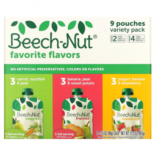 Beech-Nut, Favorite Flavors, для детей от 6 месяцев и старше, 9 пакетиков, 99 г (3,5 унции)