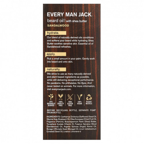 Every Man Jack, Увлажняющее масло для бороды с маслом ши, сандаловое дерево, 30 мл (1 жидк. Унция)