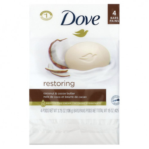 Dove, Косметическое мыло Purely Pampering, аромат «Кокосовое молоко и лепестки жасмина», 4 шт. по 113 г