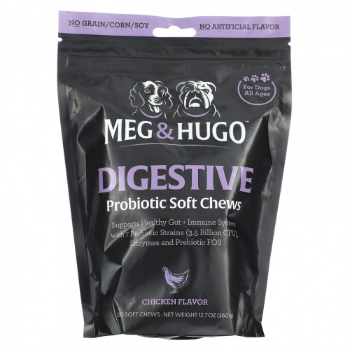 Meg & Hugo, Digestive, мягкие жевательные таблетки с пробиотиками, для собак, для всех возрастов, с курицей, 120 жевательных таблеток, 360 г (12,7 унции)