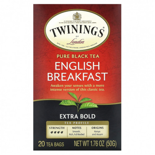 Twinings, Pure Black Tea, English Breakfast, Extra Bold, 20 чайных пакетиков, 50 г (1,76 унции)