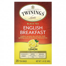 Twinings, English Breakfast, черный чай, лимон, 20 чайных пакетиков 40 г (1,41 унции)