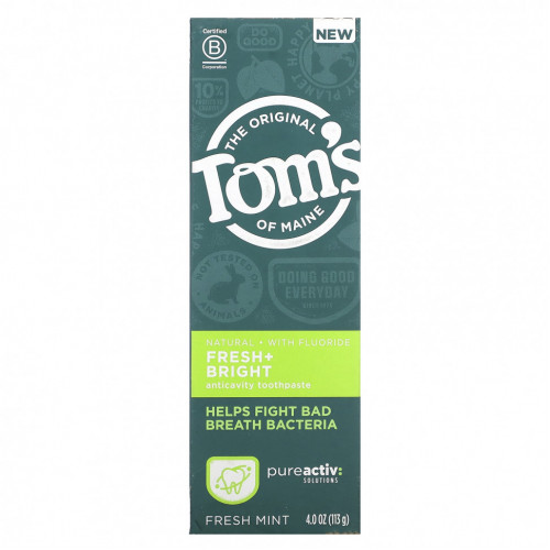 Tom's of Maine, Natural Anticavity Toothpaste with Fluoride, Fresh + Bright, Fresh Mint, 4 oz (113 g)