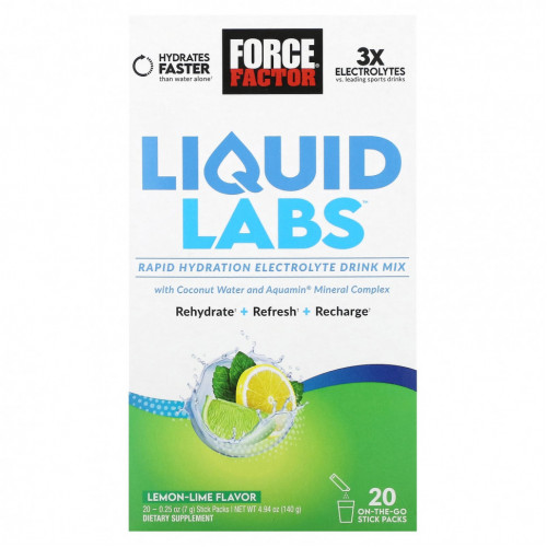 Force Factor, Liquid Labs, лимон и лайм, 20 пакетиков по 7 г (0,25 унции)