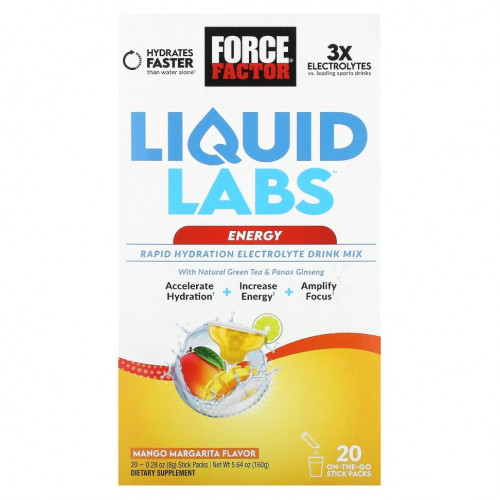 Force Factor, Liquid Labs, Energy, манго и маргарита, 20 пакетиков по 8 г (0,28 унции)