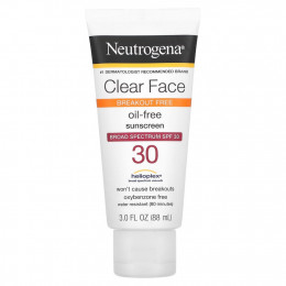 Neutrogena, Clear Face, безмасляное солнцезащитное средство, широкого спектра действия, SPF 30, без отдушек, 88 мл (3 жидк. Унции)