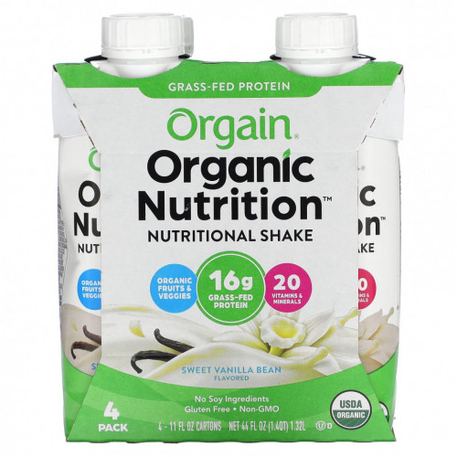 Orgain, Organic Nutrition, пищевой коктейль, со сладкой ванилью, 4 пакетика по 330 мл (11 жидк. Унций)