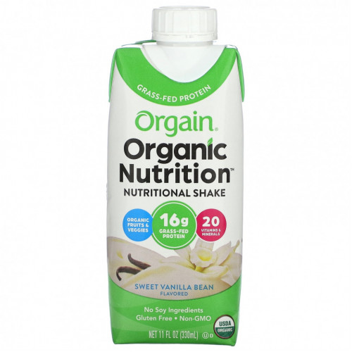 Orgain, Organic Nutrition, пищевой коктейль, со сладкой ванилью, 4 пакетика по 330 мл (11 жидк. Унций)