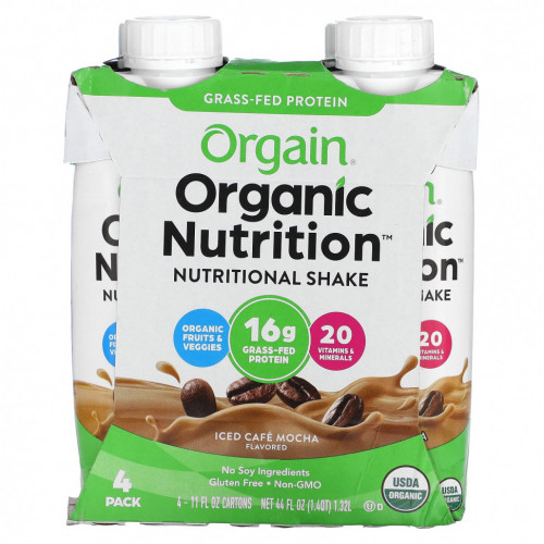 Orgain, Organic Nutrition, питательный коктейль, ледяной кофейный мокко, 4 пакетика, по 330 мл (11 жидк. Унций)