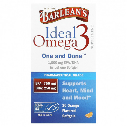 Barlean's, Ideal Omega 3, апельсин, 30 мягких таблеток