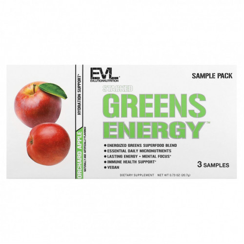 EVLution Nutrition, Stacked Greens Energy, пробники, фруктовые яблоки, 3 пакетика по 6,9 г (0,2 унции)