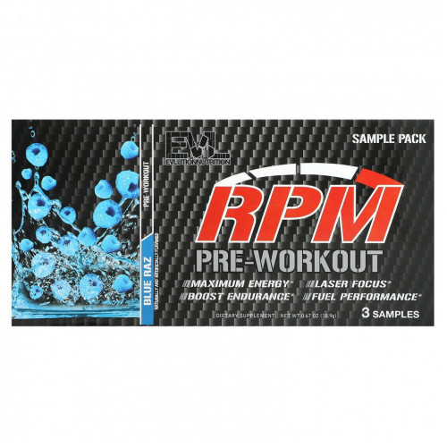 EVLution Nutrition, RPM, перед тренировкой, пробник, Blue Raz, 3 стик-пакета, 18,9 г (0,67 унции)