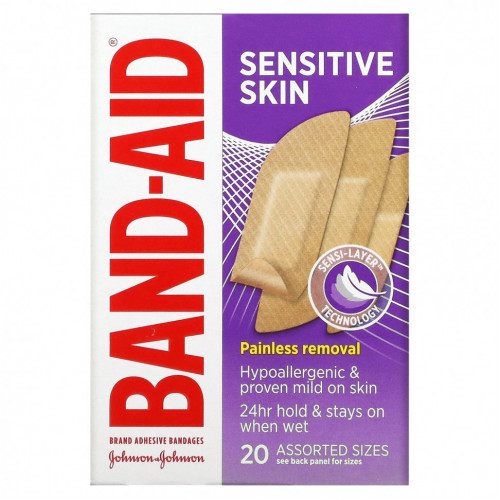 Band Aid, Лейкопластыри, для чувствительной кожи, 20 размеров