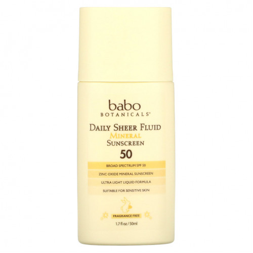 Babo Botanicals, Daily Sheer Fluid Mineral Sunscreen 50, без отдушек, 50 мл (1,7 жидк. Унции)