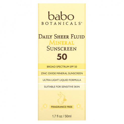 Babo Botanicals, Daily Sheer Fluid Mineral Sunscreen 50, без отдушек, 50 мл (1,7 жидк. Унции)