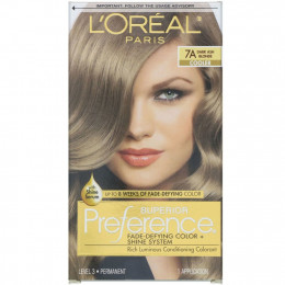 L'Oreal, Краска для волос Superior Preference с технологией против вымывания цвета и системой придания сияния, холодный, темный пепельный блонд 7A, на 1 применение