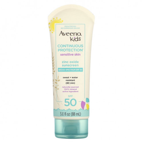 Aveeno, Для детей, солнцезащитное средство с оксидом цинка для постоянной защиты, для чувствительной кожи, SPF 50, 88 мл (3 жидк. Унции)