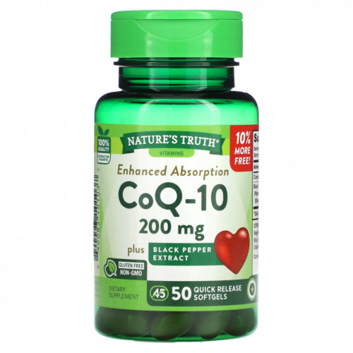 Nature's Truth, Enhanced Absorbs, CoQ-10, 200 мг, 50 капсул с быстрым высвобождением