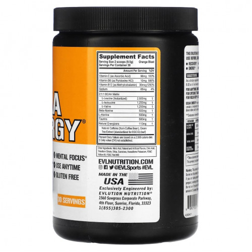 EVLution Nutrition, BCAA ENERGY, апельсиновый сок, 285 г (10,1 унции)