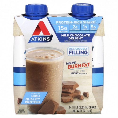 Atkins, Protein Rich Shake, молочный шоколад, 4 коктейля, 325 мл (11 жидк. Унций)