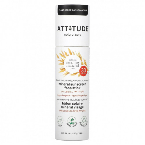 ATTITUDE, Oatmeal Sensitive Natural Care, солнцезащитный крем для лица с минералами, SPF 30, без запаха, 30 г (1 унция)