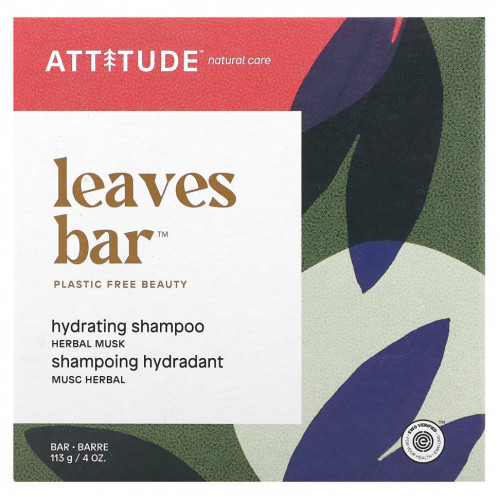 ATTITUDE, Leaves Bar, увлажняющий батончик с шампунем, травяной мускус, 113 г (4 унции)