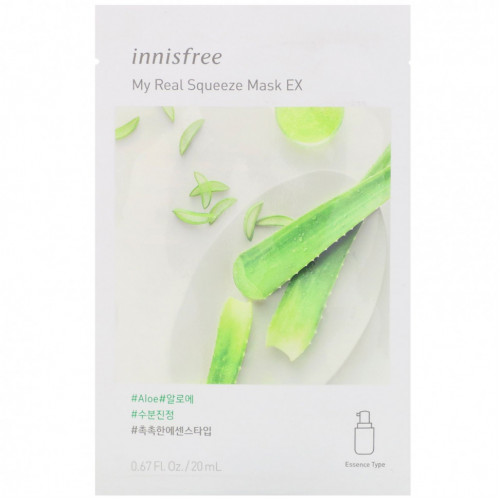 Innisfree, My Real Squeeze Beauty Mask EX, тканевая маска с алоэ, 1 шт., 20 мл (0,67 жидк. унции)